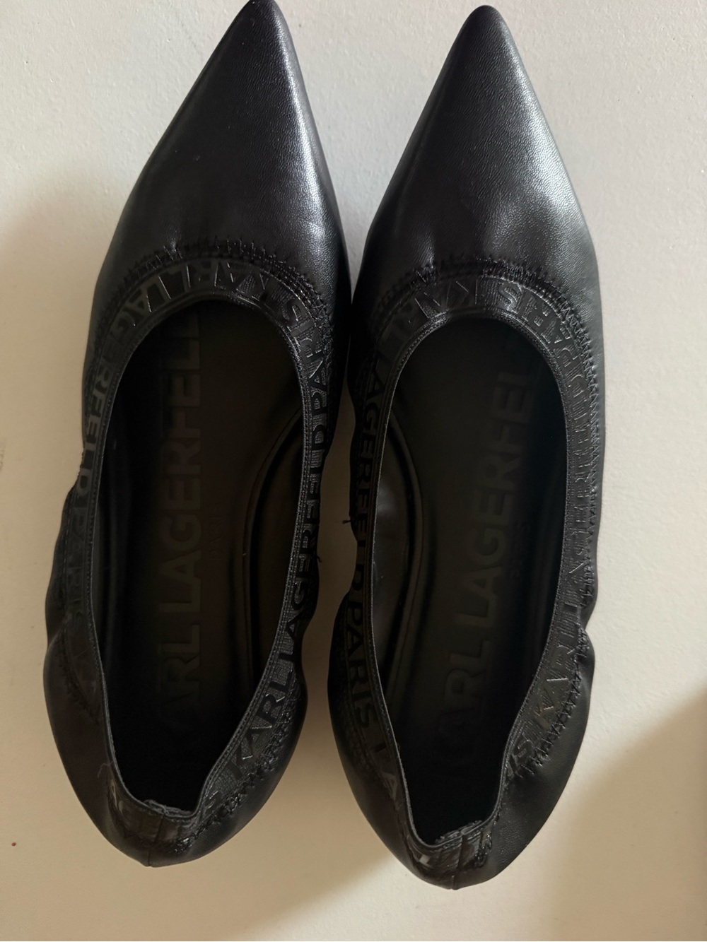 Karl Lagerfeld Black Pointed Toe Slip-On Flats with Logo Trim